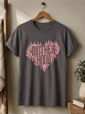 Gildan Dark Gray Short Sleeve Tee with Pink 'Motherhood' Heart Graphic